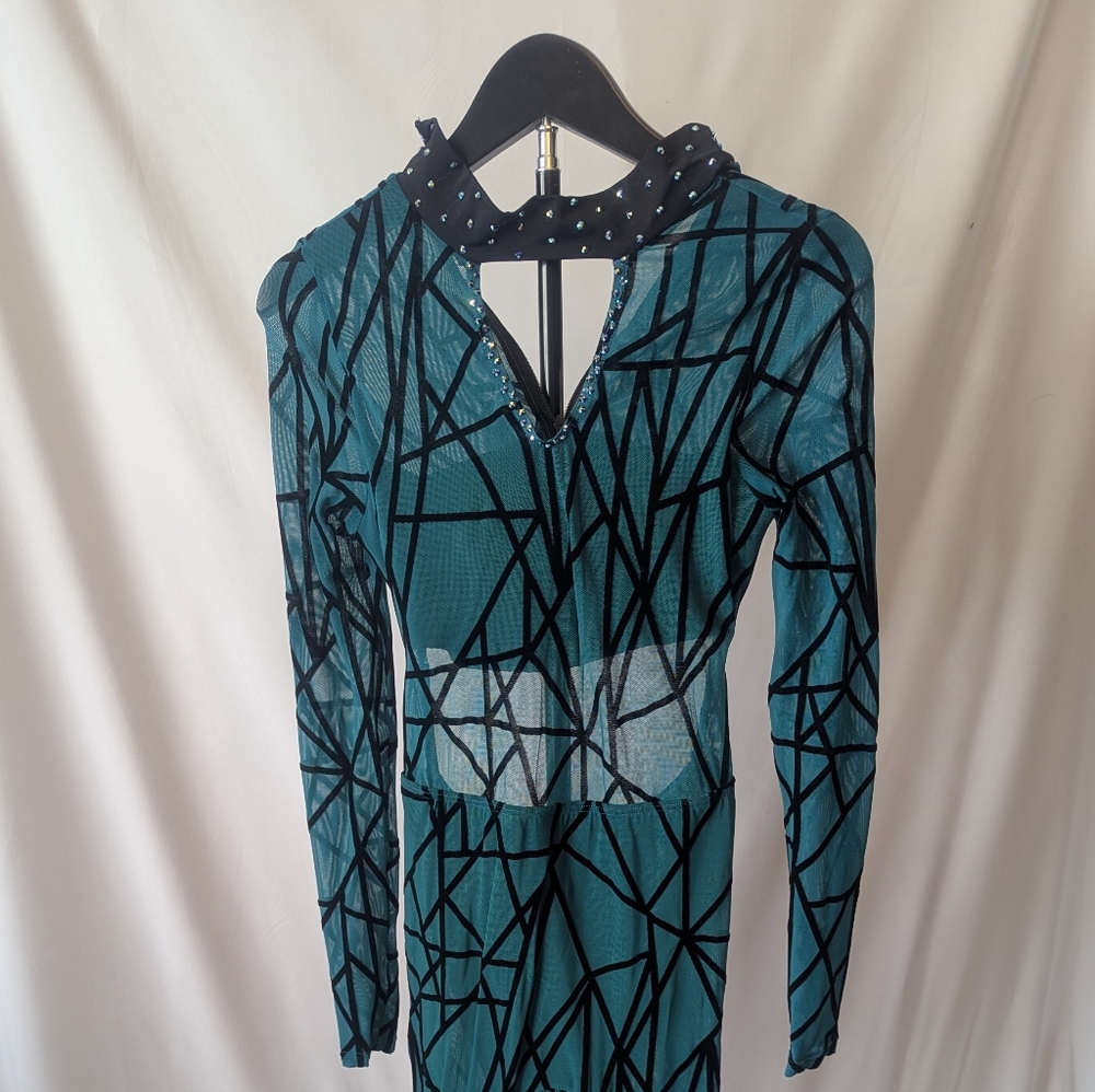 Dance Costume - Teal Geometric Print Full-Body Jumpsuit